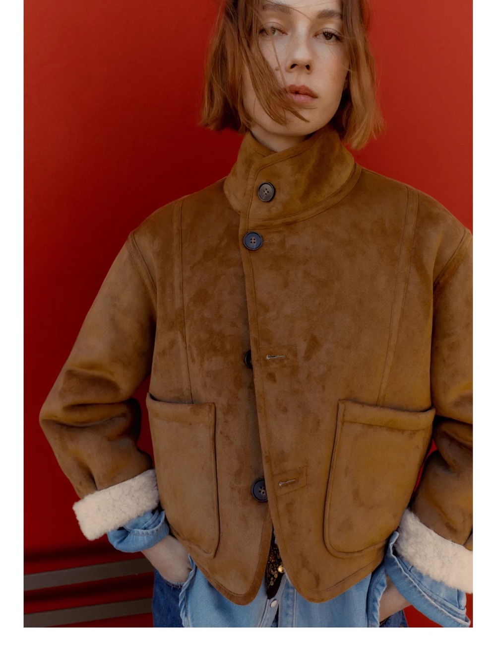 Zara Brown Teddy Shearling Jacket with Cream Trim